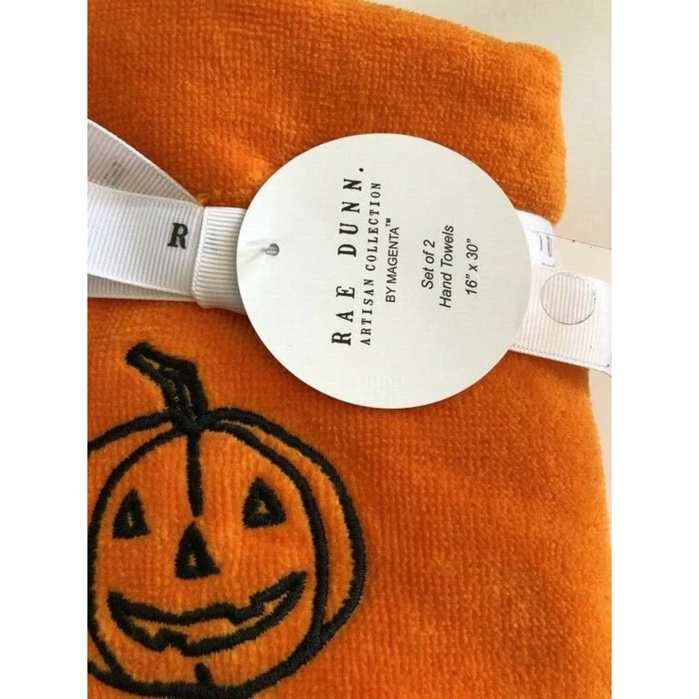 Rae Dunn Happy Halloween Hand Towels Orange Embroidered Pumpkin Cotton Set of 2